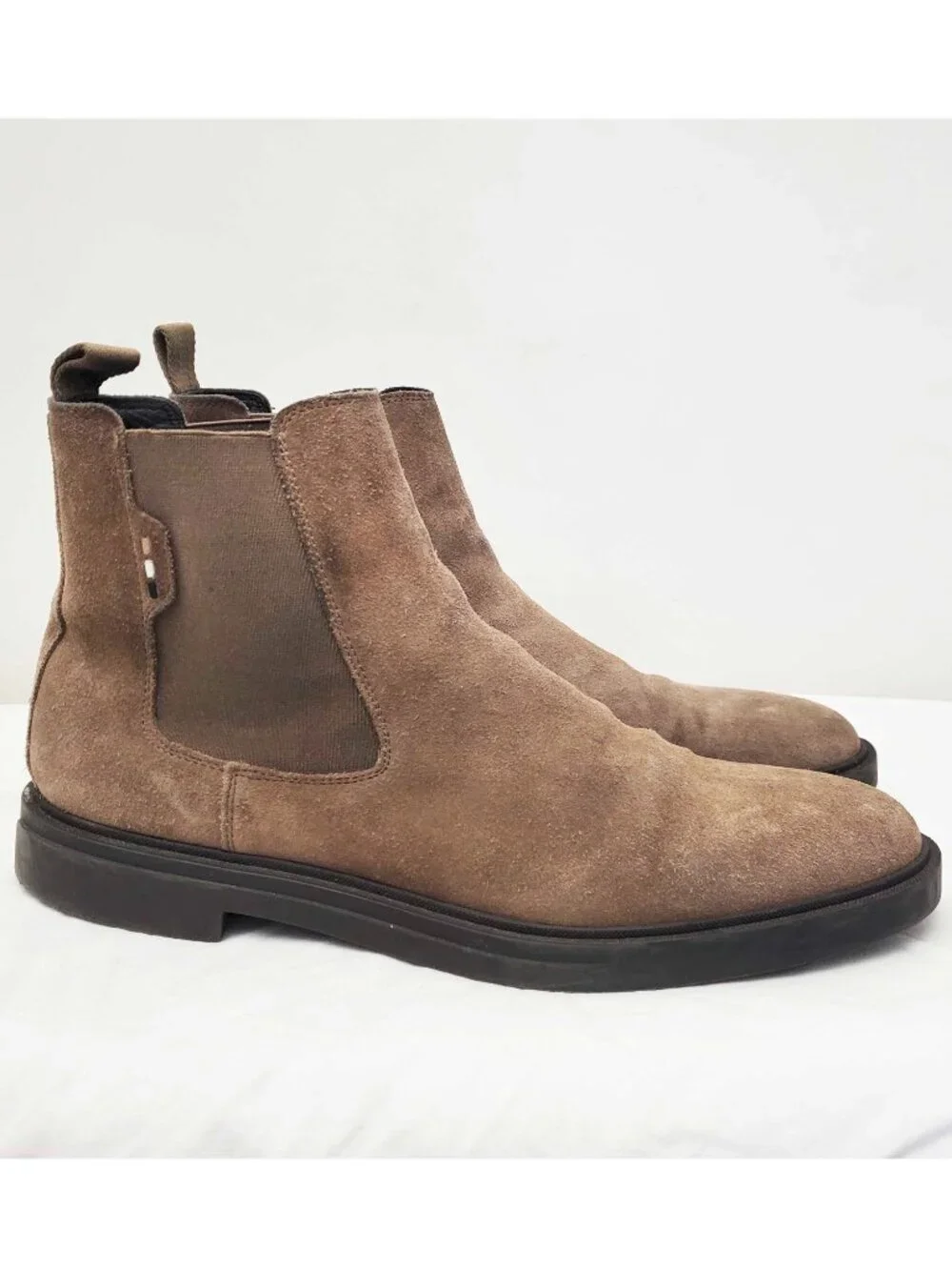 Hugo Boss Men's Signature-stripe Chelsea Boots in Suede Leather Beige Brown 44